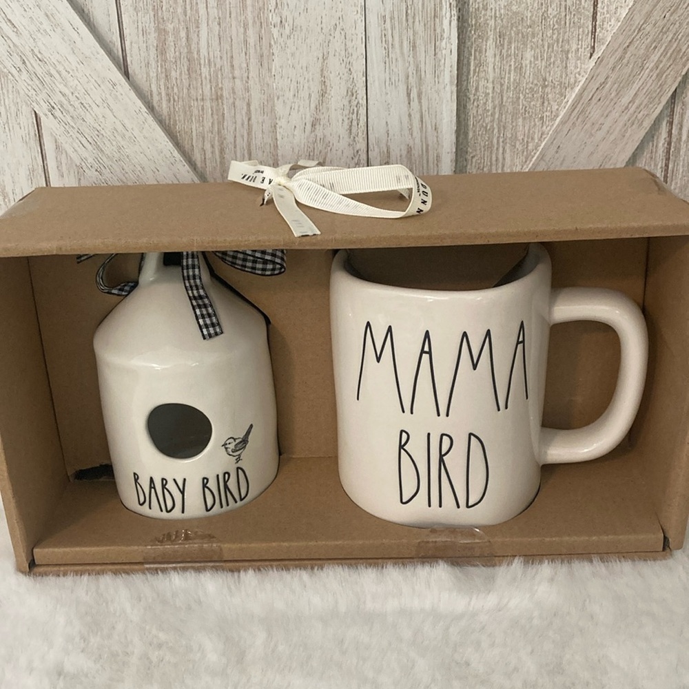 Rae Dunn Mini Baby Bird Birdhouse and Mama Bird Mug Set